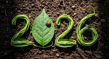 2026 written with green plant vines on earth with ladybug and fly