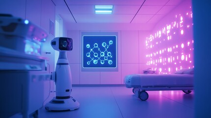 Futuristic medical room with advanced robotic technology and glowing screens. The blend of art and science creates a vibrant atmosphere. Technology meets healthcare. Generative AI