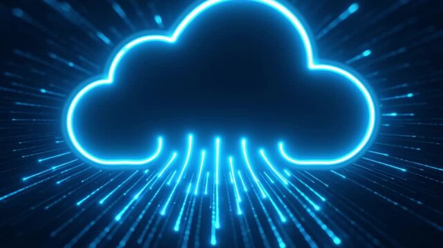 Glowing neon cloud icon with streaming data lines in digital cloud computing data centers technology network for efficient data transfer and advanced digital information systems