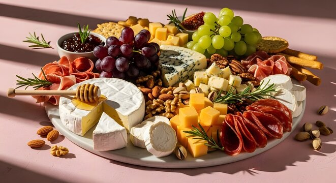 A gourmet cheese board featuring a variety of cheeses, fresh grapes, assorted nuts, crackers, cured meats, and a drizzle of honey on brie, arranged on a pink backdrop with contrasting shadows.