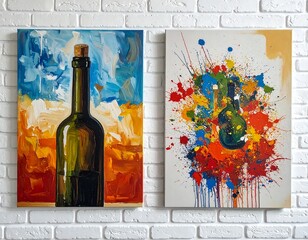 Two colorful abstract paintings of bottles are displayed on a white brick wall, using vibrant brushstrokes