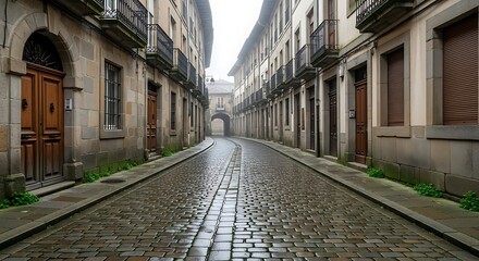 Wet cobblestone street in historic european city