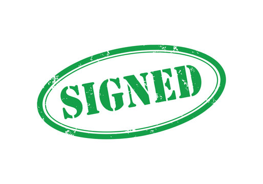 Green oval stamp clearly reads the word signed against a white background