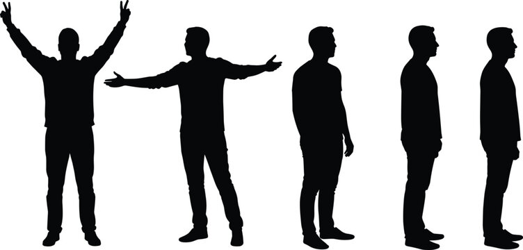 Human gesture silhouettes, body language poses, standing figure art, lifestyle posture design, communication concept, character study, expressive illustration