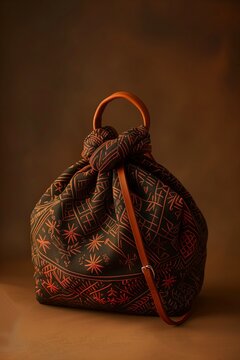 Furoshiki-style bag made from Javanese batik in brown and terracotta tones, with parang and kawung motifs, leather handles, soft lighting, and detailed textile texture.