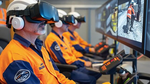 Workers using vr headsets for training simulation