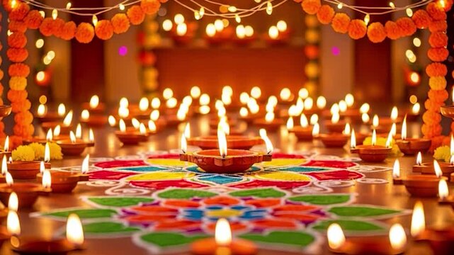 Numerous earthenware lamps illuminate a colorful floor decoration with hanging floral garlands
