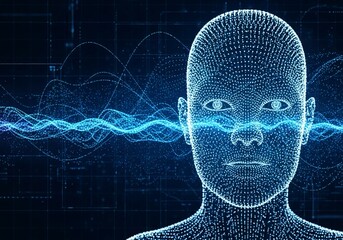 Dynamic digital human face rendered in glowing blue particles with abstract waveform patterns symbolizing data flow and artificial intelligence breakthroughs