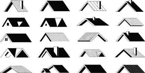 Roof design illustrations, architectural roof styles, pitched roof icons, construction art, building concept, housing design, architectural study, structure figure