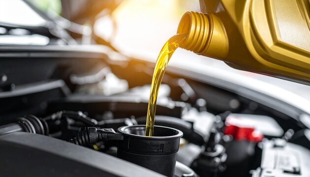 Pouring engine oil into a car engine, illustrating car maintenance and care