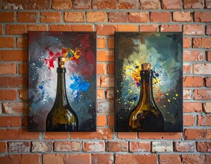 Two colorful abstract paintings of bottles with corks are displayed on a rustic red brick wall