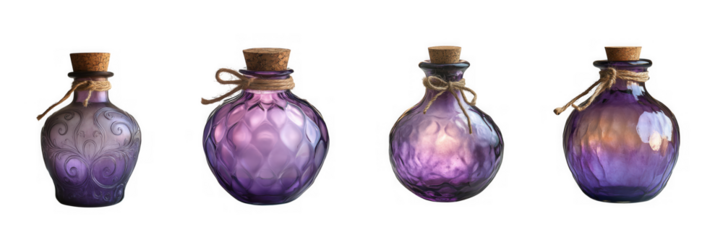Four ornate purple glass potion bottles with cork stoppers, isolated on transparent background