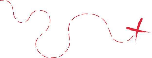  Treasure map element. A dashed line and red X mark ink on the map, the treasure map with a dotted line, X marks the spot, dashed line trail to an X