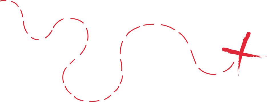  Treasure map element. A dashed line and red X mark ink on the map, the treasure map with a dotted line, X marks the spot, dashed line trail to an X