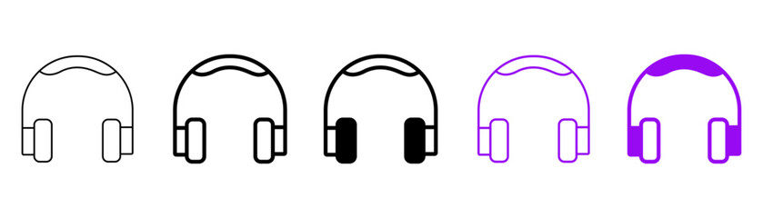 Set of minimalist headphone icons with transparent background, depicting audio devices for music, communication, and sound control, vector illustration