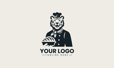 Strong tiger chef mascot wearing hat holding bread loaf vector bakery logo illustration design