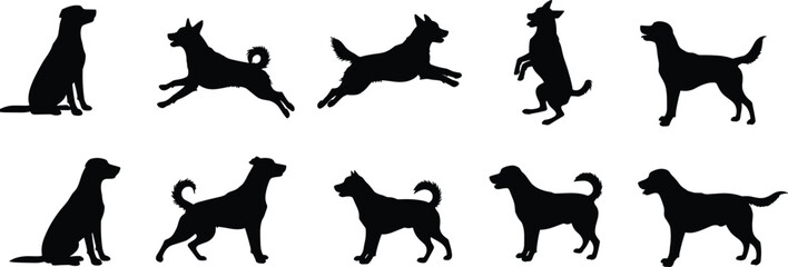 Dog silhouettes, pet poses, canine posture art, sitting standing jumping, animal lifestyle design, domestic dog concept, pet illustration, motion study