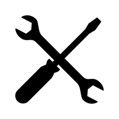 Black silhouettes of a crossed screwdriver and wrench. Illustration on a transparent background