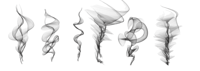 Abstract black smoke swirl shapes on a white background. Elegant flowing motion ideal for art, design, or digital effects. Perfect for overlays, backgrounds, and creative visual projects.