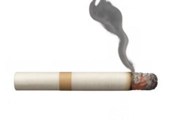 Lit cigarette burning with smoke and ash showing addiction and health risks, on transparent background