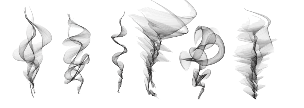 Abstract black smoke swirl shapes on a white background. Elegant flowing motion ideal for art, design, or digital effects. Perfect for overlays, backgrounds, and creative visual projects.