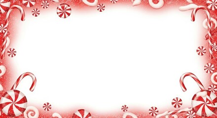 Christmas gradient from scarlet red to snow white, candy cane borders curving around, peppermint swirls and frosting dust