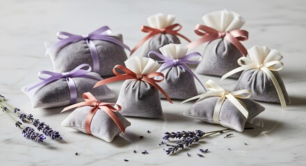 Lavender Sachets With Purple and Peach Ribbons On Marble