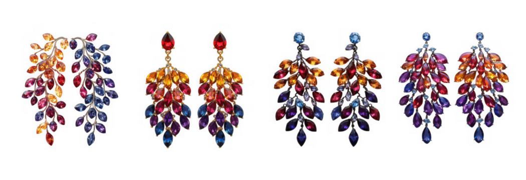 Collection of vibrant, multicolored gemstone chandelier earrings, isolated on transparent background