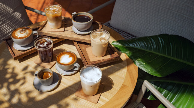 many menu type of coffee set on wooden table - Powered by Adobe