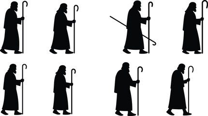 Silhouettes of a biblical prophet or shepherd walking with a staff or crook, representing ancient history, religious figures, guidance, and historical journey on white.