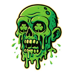 Green Zombie Skull St. Patrick's Day Halloween Art: Cartoon Skull With Clovers On Transparent Background