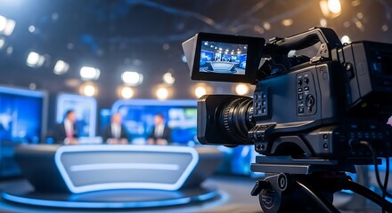 Professional video camera recording a live television broadcast in a studio capturing presenters and set design for news or entertainment pr