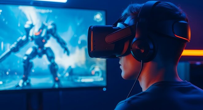 Teenager wearing VR headset playing video game immersed in virtual reality futuristic entertainment and technology