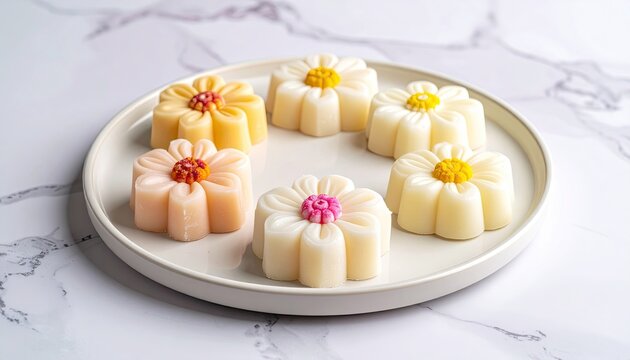 Assortment of Floral Shaped Sweet Rice Cakes With Toppings Arranged On White Plate Overhead Shot