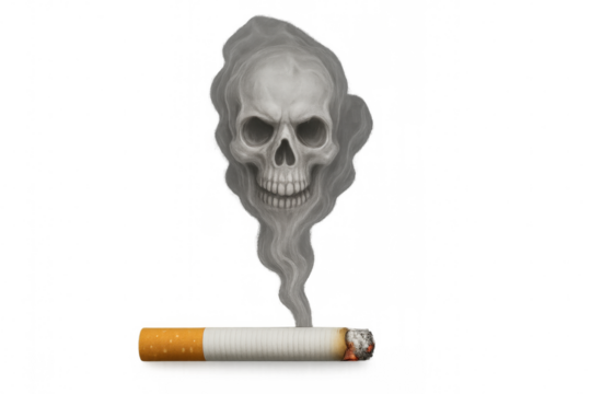Cigarette emitting smoke forming a skull, symbolizing health danger, addiction, and mortality, on transparent background - Powered by Adobe