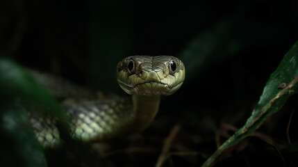 Obraz premium Close-up of Green Tree Snake with Large Eyes in Lush Foliage