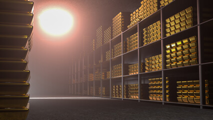Generic gold reserve vault with stacks of gold bars. Bank vault with gold and cash. 3d rendering