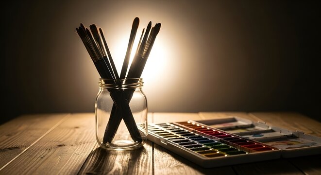Paintbrushes stand in a clear glass jar on a rustic wooden table. A watercolor palette lies open beside it, illuminated by a soft backlight, creating a warm, inviting artistic scene.