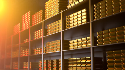 Generic gold reserve vault with stacks of gold bars. Bank vault with gold and cash. 3d rendering