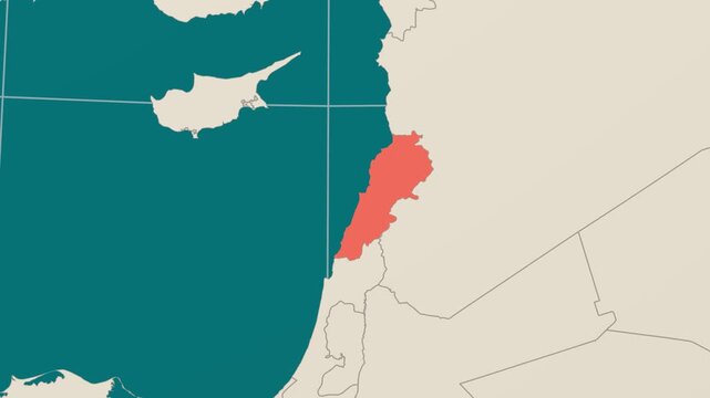 Lebanon map. Animated zoom into the country on the Globe in Teal Pale Mint color palette. Country logo animation. Map with meridians, parallels. Creative video.