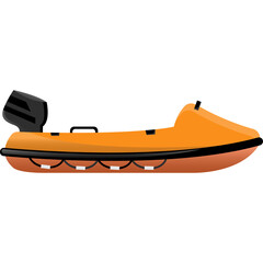 Orange Inflatable Rigid Hull Boat with Black Outboard Motor on Transparent Background