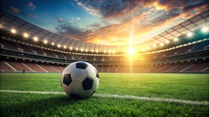 Naklejka premium Soccer ball sits alone on a lush green field with a blurred stadium in the background, capturing the serenity of a deserted soccer pitch at dusk, sports theme, isolated sports equipment