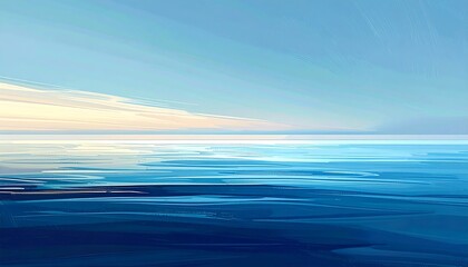 Fototapeta premium An impressionistic painting depicting a serene seascape where the light sky blends seamlessly into the deep blue water