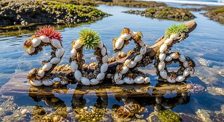 2026 made of seashells and crabs on driftwood in tide pool at sunny beach