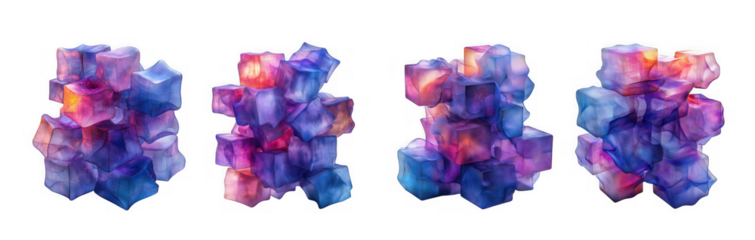 Four abstract geometric crystal structures composed of vibrant watercolor splashes in blue, purple, and pink, isolated on transparent background