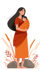 Stone Age Mother And Child, Ancient Woman Breastfeeding Baby, Primitive Tribal Family Life, Historical Illustration, Barefoot Female, Paleolithic Culture, Caucasian And Asian Descent