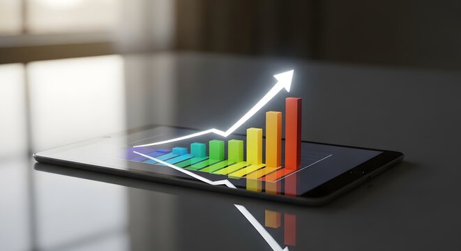 Rainbow Bar Graph with Upward Arrow on Tablet