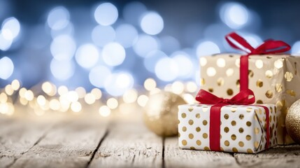 Obraz premium Festive presents with red ribbons and golden ornaments on wooden table