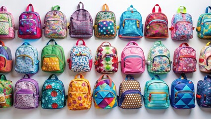 Fototapeta premium Colorful collection of school backpacks with diverse designs and textures on a white background, showcasing individualized style , colorful, school supplies