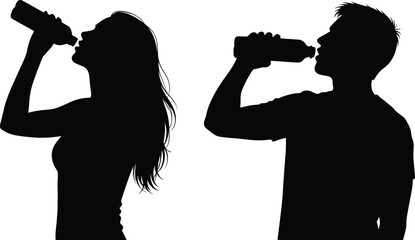 Silhouettes of people drinking, hydration concept, lifestyle art, beverage illustration, health awareness, fitness design, refreshment posture, daily activity